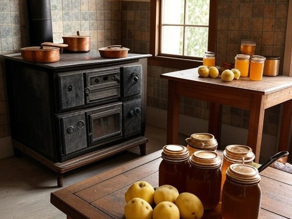 Cozinha rústica com ingredientes para receita tradicional de marmelada familiar de 200 anos no Brasil.