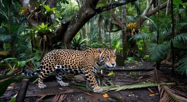 Onça-pintada em reabilitação em Goiás, Brasil, preparando retorno à Amazônia.