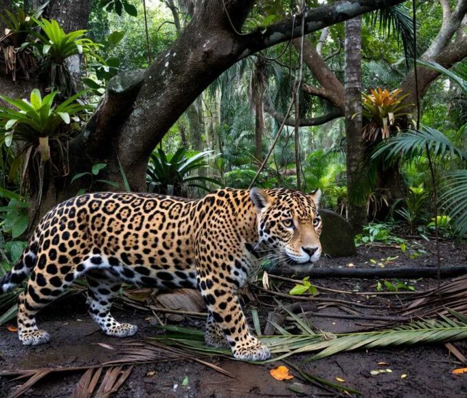Onça-pintada em reabilitação em Goiás, Brasil, preparando retorno à Amazônia.