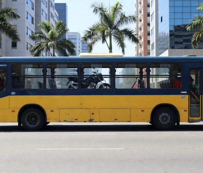 Ônibus urbano em Goiânia transportando moto no interior, cena de rua com arquitetura local.