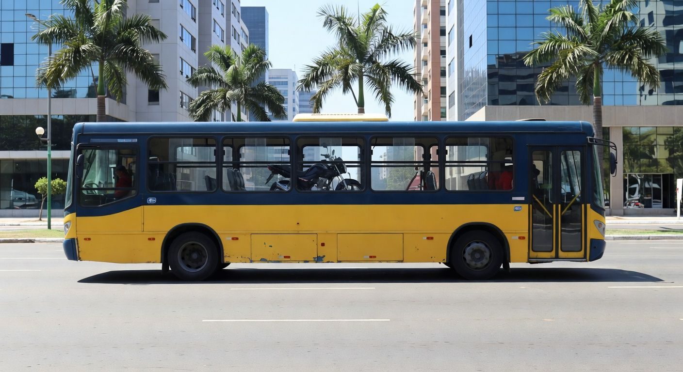 Ônibus urbano em Goiânia transportando moto no interior, cena de rua com arquitetura local.