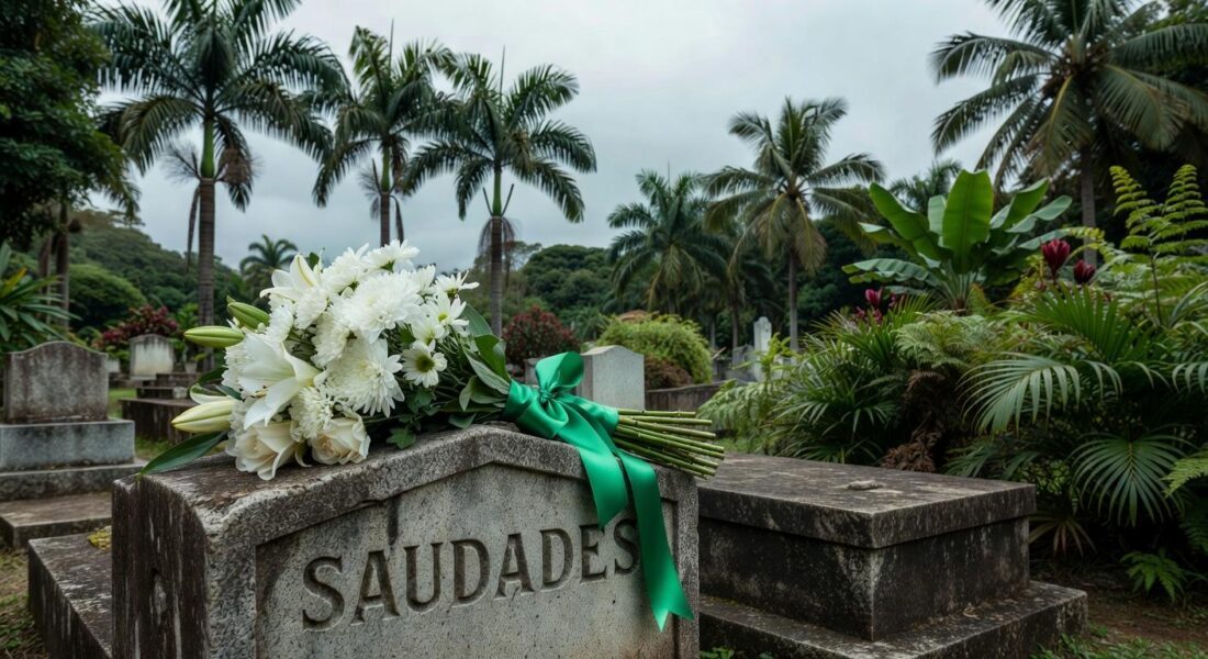 Buquê de flores brancas e laço verde em lápide de cemitério brasileiro, simbolizando luto por Lorena Batista, vítima de câncer nas vias biliares.