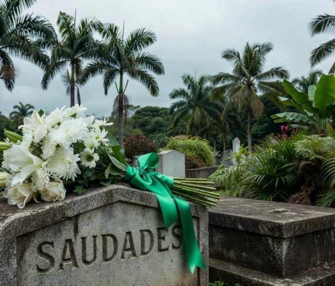 Buquê de flores brancas e laço verde em lápide de cemitério brasileiro, simbolizando luto por Lorena Batista, vítima de câncer nas vias biliares.
