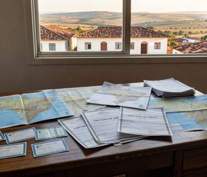 Documentos de aposentadoria suspensa por confusão com óbito entre Goiás e Bahia, em mesa burocrática brasileira.