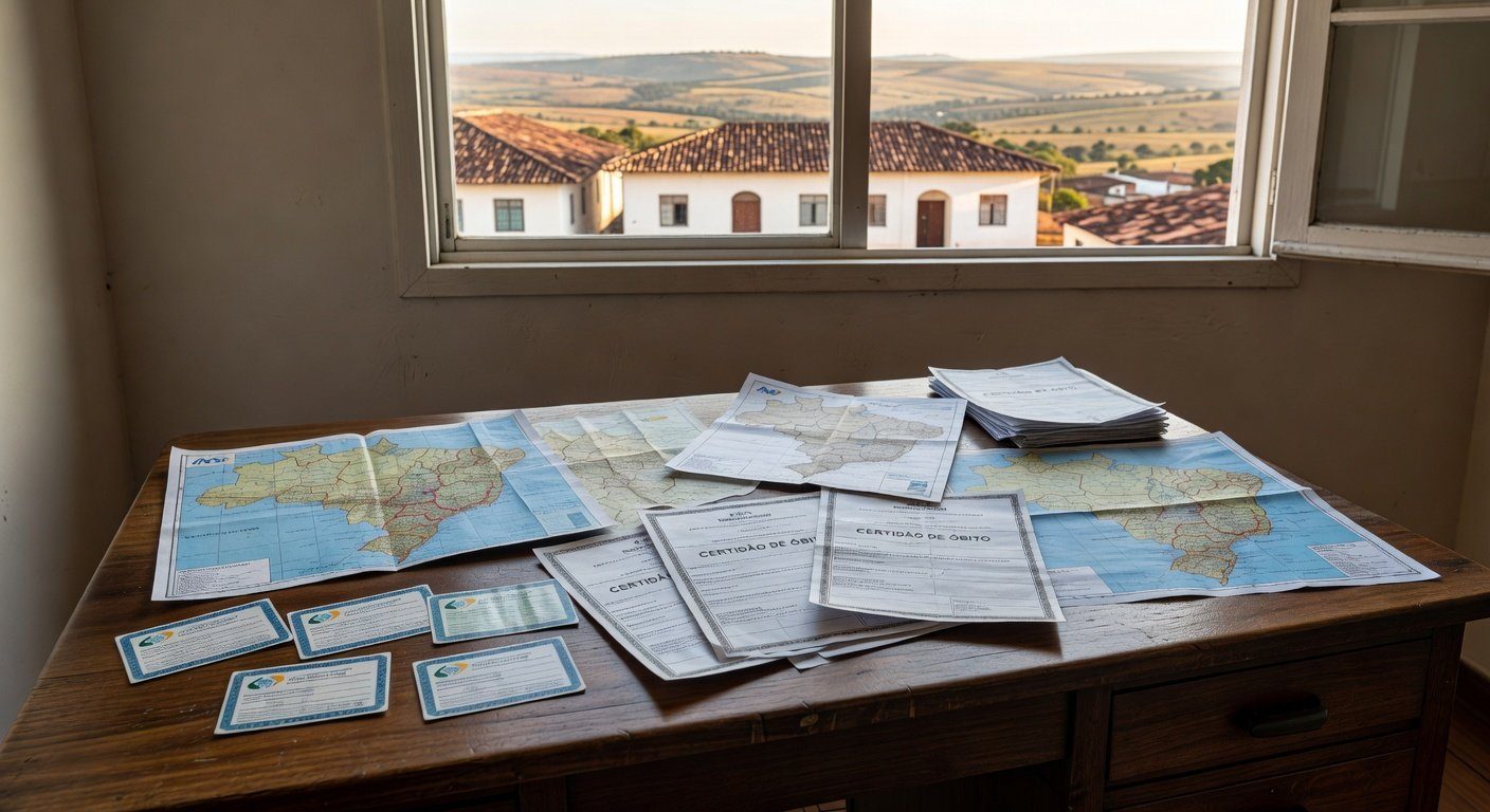 Documentos de aposentadoria suspensa por confusão com óbito entre Goiás e Bahia, em mesa burocrática brasileira.