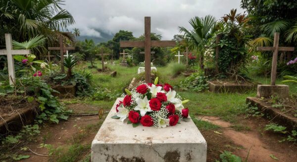 Buquê de flores em túmulo de cemitério brasileiro, simbolizando luto por morte por câncer.