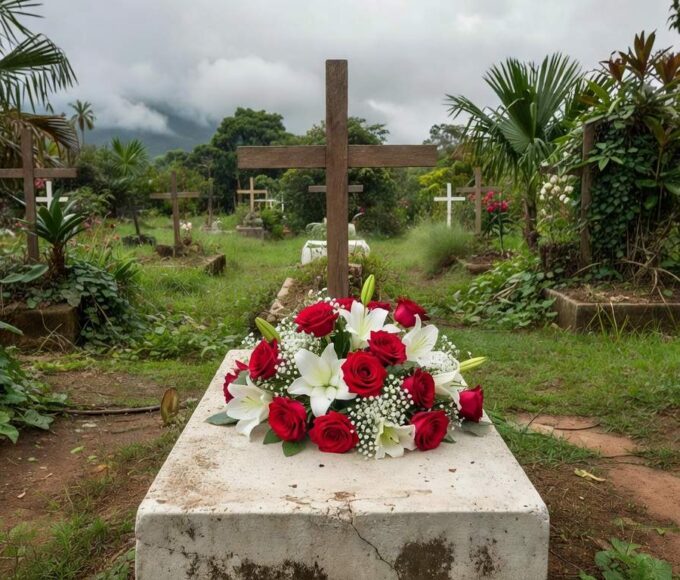 Buquê de flores em túmulo de cemitério brasileiro, simbolizando luto por morte por câncer.