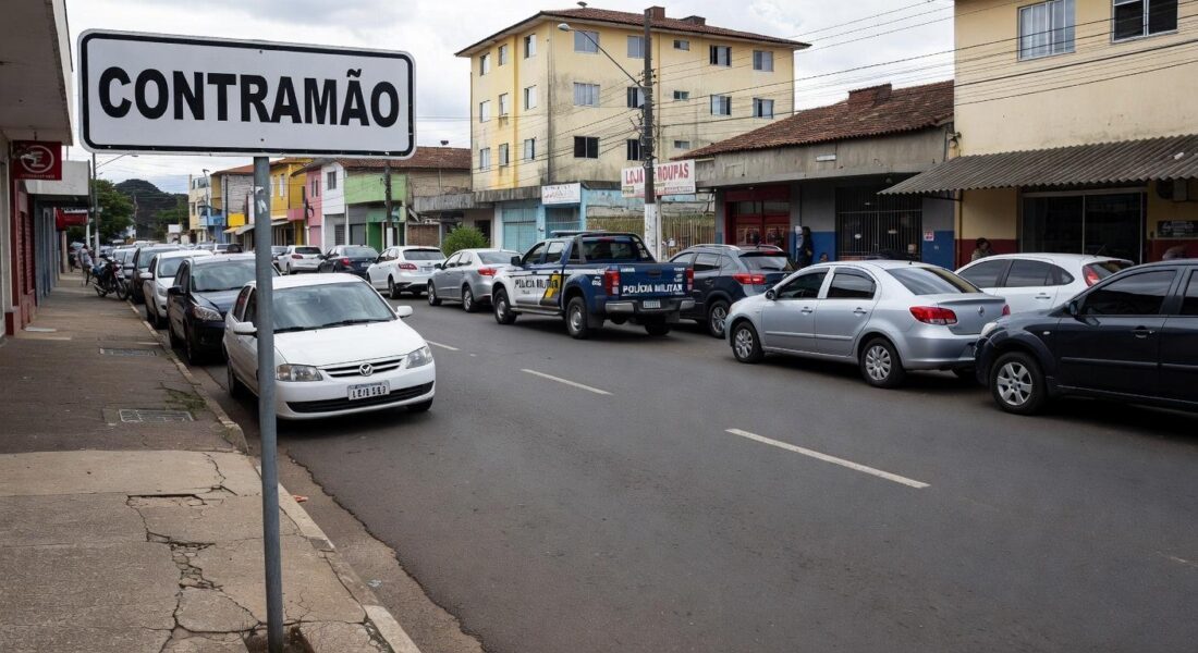 Rua em Anápolis com placa de contramão e viatura policial, representando incidente de agressão após direção irregular.