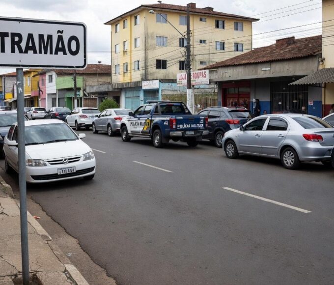 Rua em Anápolis com placa de contramão e viatura policial, representando incidente de agressão após direção irregular.
