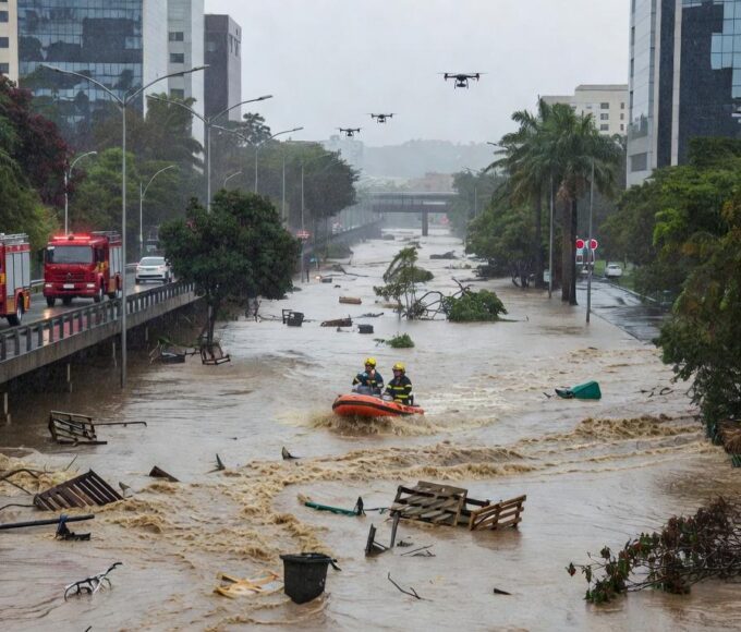 Enchente na Marginal Botafogo com resgate usando botes e drones em Goiânia, Goiás.