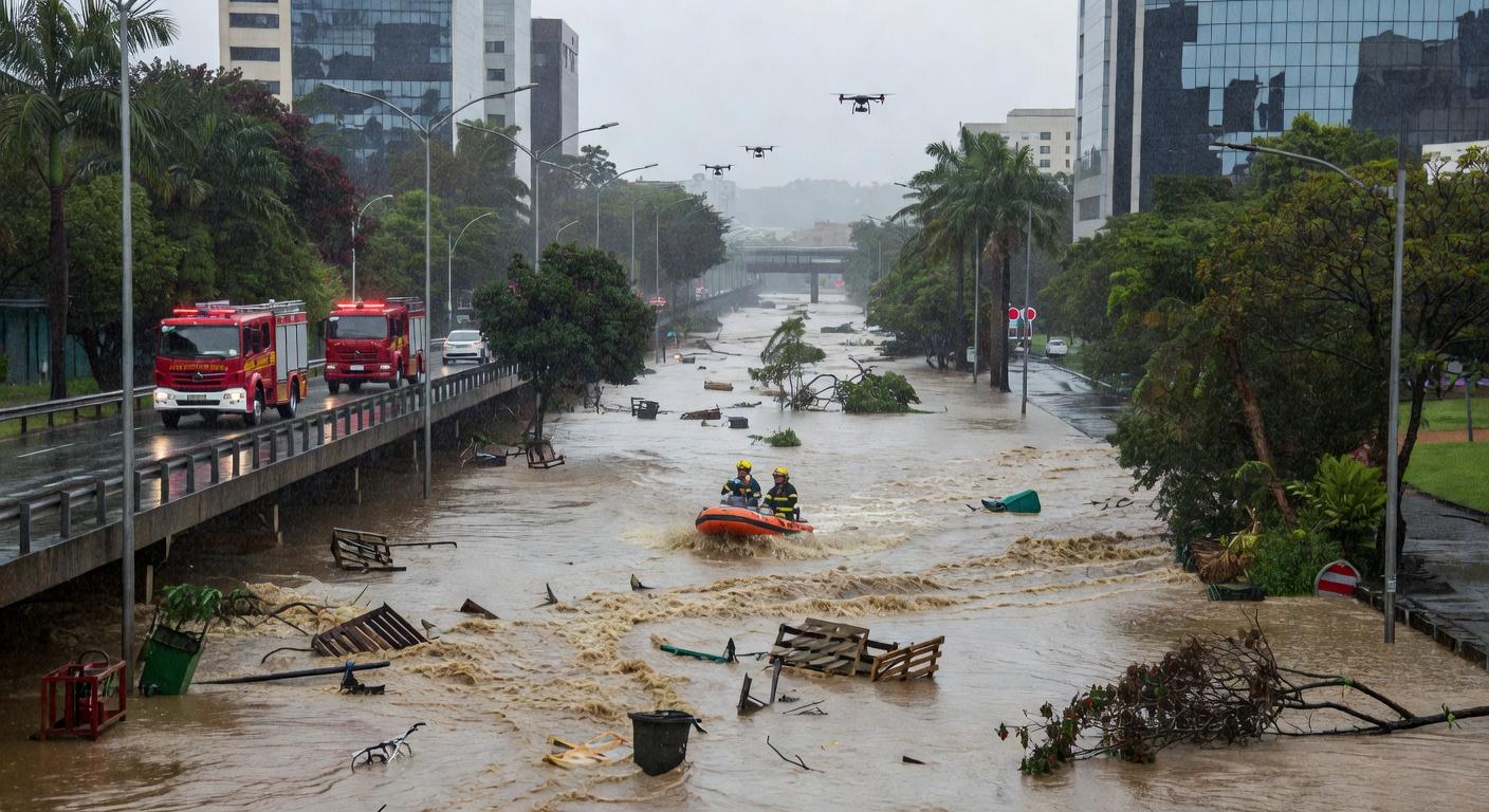 Enchente na Marginal Botafogo com resgate usando botes e drones em Goiânia, Goiás.