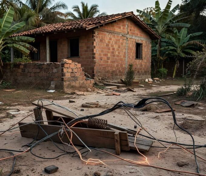 Armadilha caseira com fios elétricos expostos em quintal de casa em Quirinópolis, Goiás, representando tragédia por eletrocução.