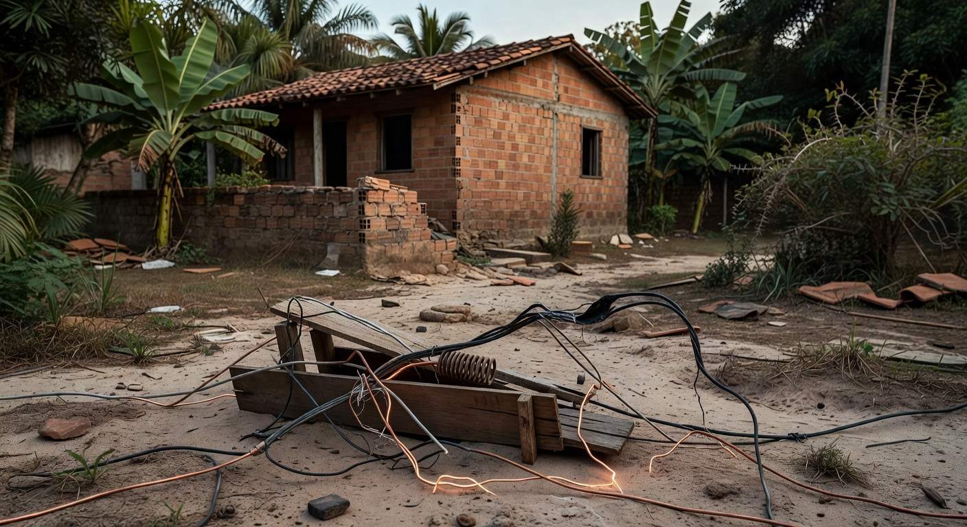 Armadilha caseira com fios elétricos expostos em quintal de casa em Quirinópolis, Goiás, representando tragédia por eletrocução.