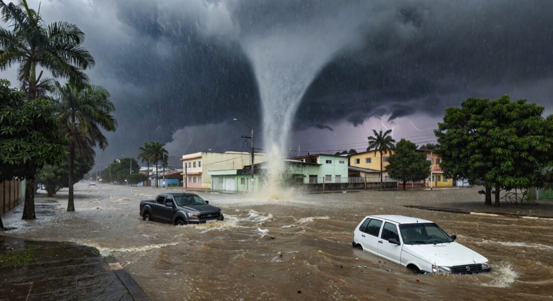 Cena de tromba d'água inundando rua em Goiânia, com enchente e chuva forte, sem pessoas.