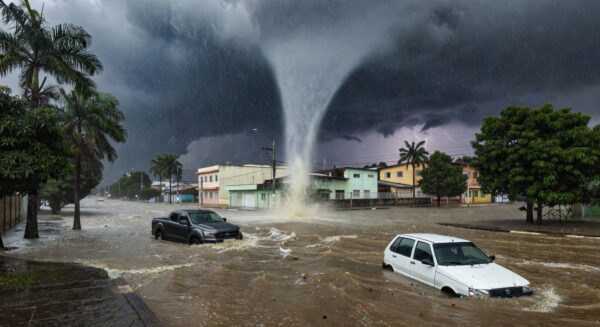 Cena de tromba d'água inundando rua em Goiânia, com enchente e chuva forte, sem pessoas.