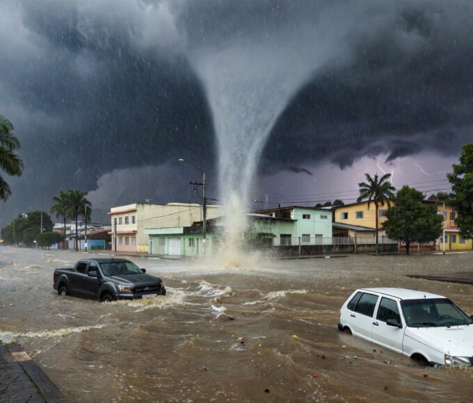 Cena de tromba d'água inundando rua em Goiânia, com enchente e chuva forte, sem pessoas.