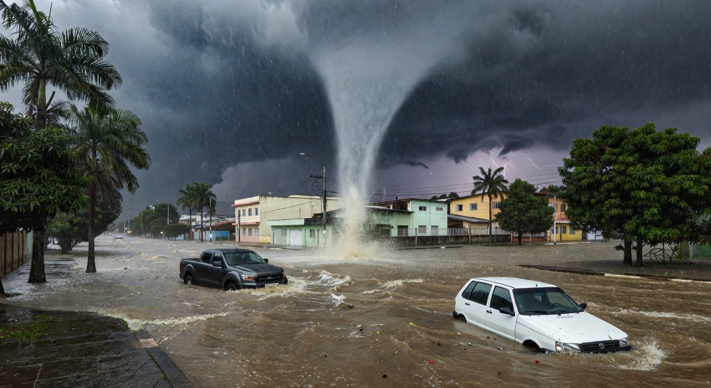 Cena de tromba d'água inundando rua em Goiânia, com enchente e chuva forte, sem pessoas.