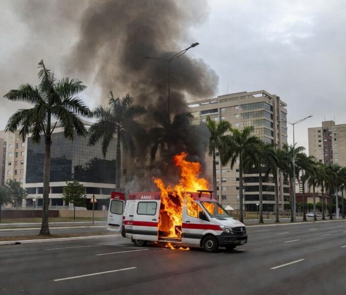 Ambulância da SOS Vida em chamas em avenida de Goiânia, com fumaça e fogo, estilo fotojornalístico.