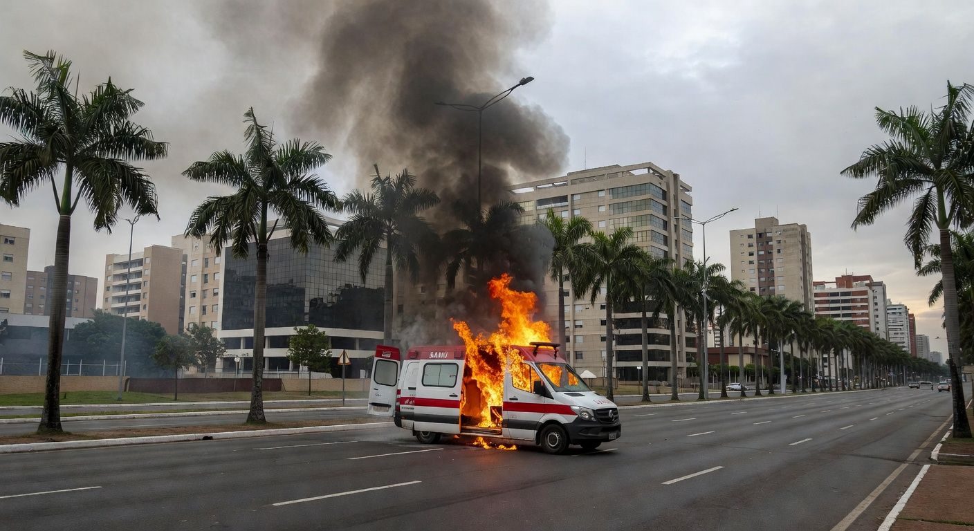 Ambulância da SOS Vida em chamas em avenida de Goiânia, com fumaça e fogo, estilo fotojornalístico.