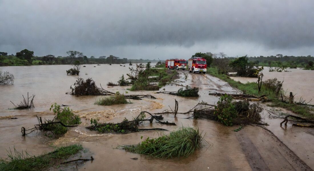 Área alagada por tromba d'água em Goiás com viaturas dos bombeiros ao fundo, representando cena de resgate após tragédia.
