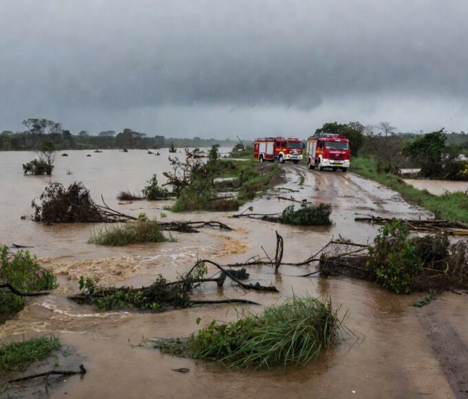 Área alagada por tromba d'água em Goiás com viaturas dos bombeiros ao fundo, representando cena de resgate após tragédia.
