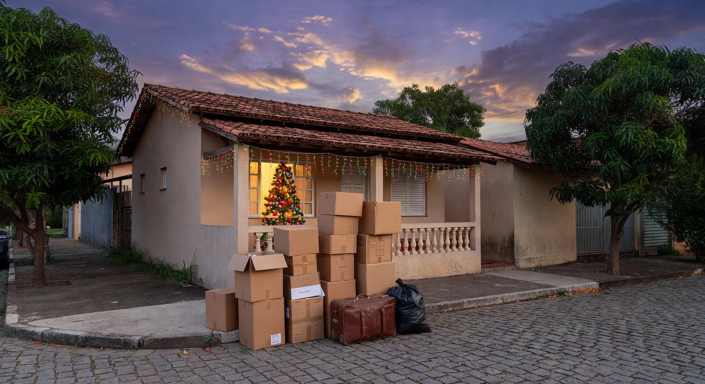 Casa em Goiás decorada para o Natal com caixas de mudança na frente, representando erro habitacional e mudança festiva.