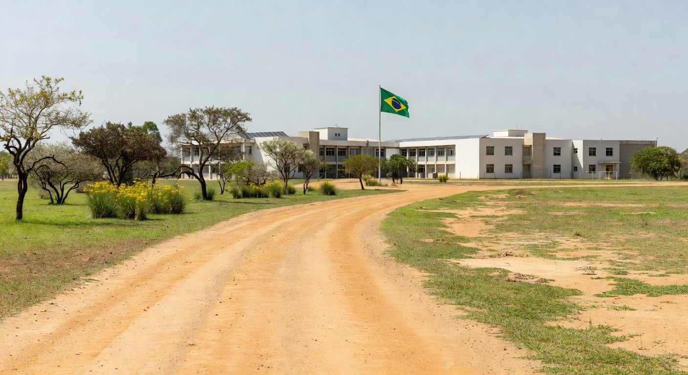 Campo de treinamento vazio do Exército em Goiânia, com pista de corrida e quartel ao fundo.