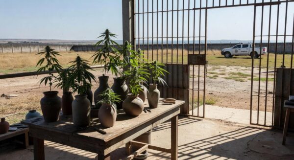 Vasos de cerâmica com plantas de maconha encontrados por policiais em presídio de Jataí, Goiás.