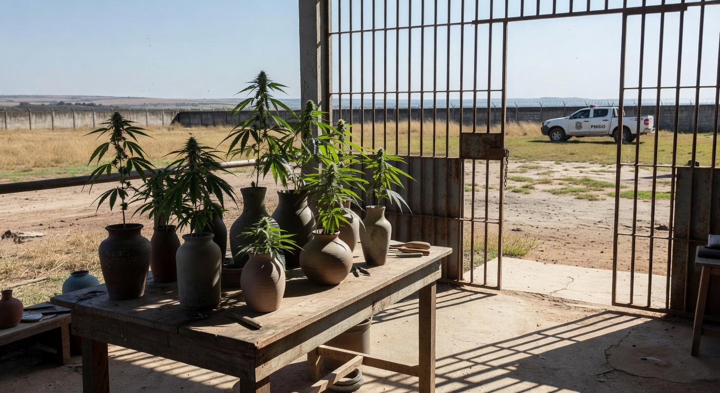 Vasos de cerâmica com plantas de maconha encontrados por policiais em presídio de Jataí, Goiás.