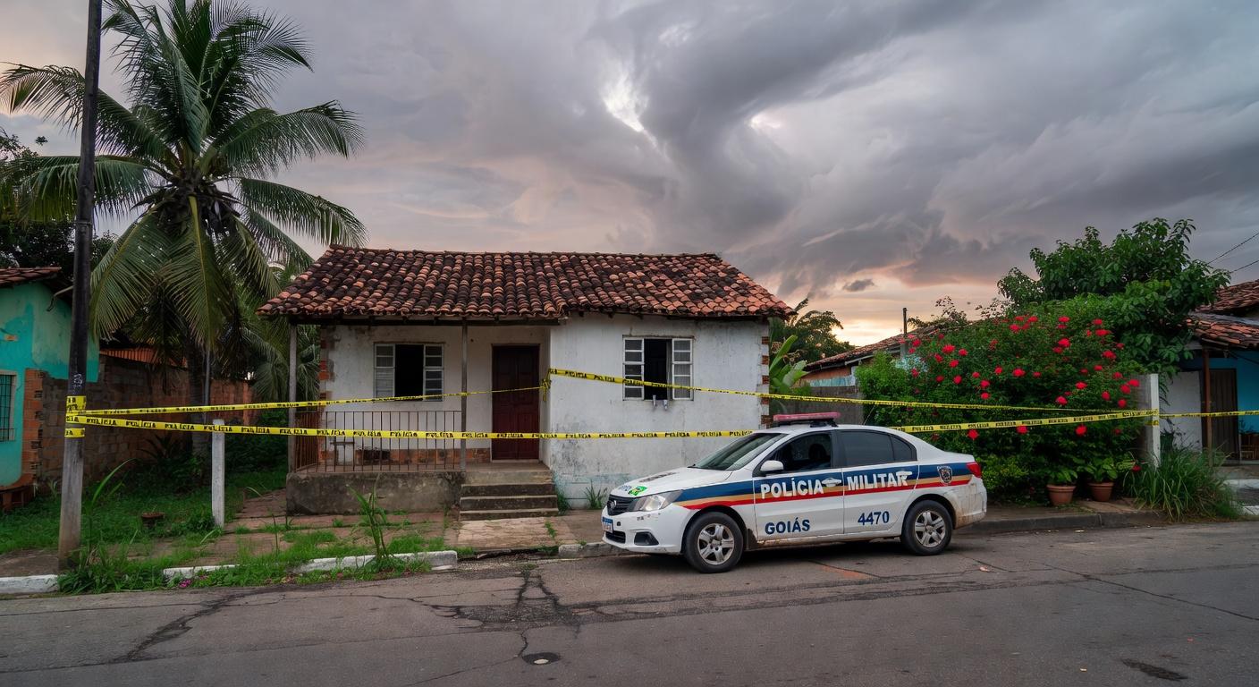 Casa em Jataí isolada por fita policial e viatura da PM, representando cena de crime após separação violenta.